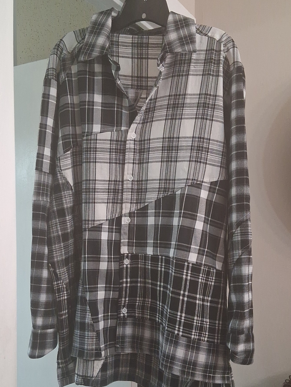 Women's Black & White Plaid Oversized Button-Up Shirt